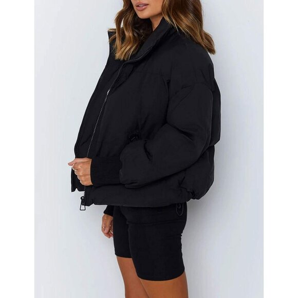Women's Puffer Jacket Oversized Cropped Puffy Quilted Winter Jackets Coat Black - Picture 3 of 7